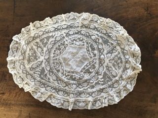 Antique French Normandy Lace Table Centerpiece Doily 19 " X 14 " Mixed Laces