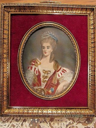 Antique Miniature Portrait French Woman 19th C.  Frame Old Watercolor Painting