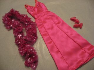 Vintage Barbie Doll Hot Pink Evening Gown Dress Metallic Boa & Shoes Outfit