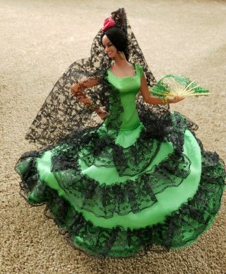 Vintage Souvenir 11 " Doll From Spain Flamenco Dancer With Fan And Lace Veil 1970