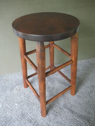 Vintage Stool,  Primitive Oak Wood,  24 " Tall,  12 - 1/2 " Round Seat,  Stand