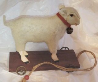 Vtg Antique German Putz Stick Leg Woolly Sheep On Wheels Pull Toy Large 6 "