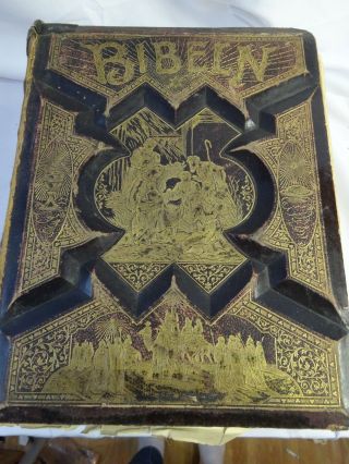 1889 Antique Holy Bible In Swedish Rare Art Leather Covers Over Wood Huge Gilt