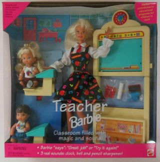 1995 Teacher Blonde Barbie Gift Set With Blonde Female And Brunette Male Stude.