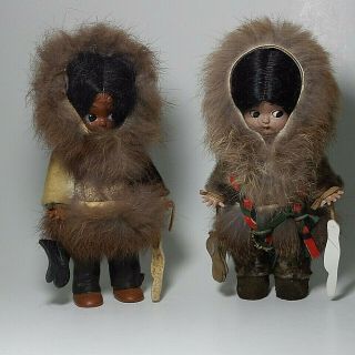 Vintage Eskimo Rattle Doll Fur Leather Outfit Alaska Souvenir Doll 6.  5 " Tall