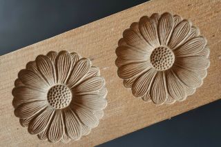 Antique Japanese Kashigata Wooden Cake Mold W/ Cover - Two Kiku Flowers Mum