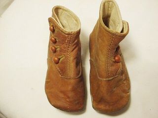 Antique Brown Leather High 4 Button Baby Or Doll Shoes Boots 4.  5 " Quick Ship