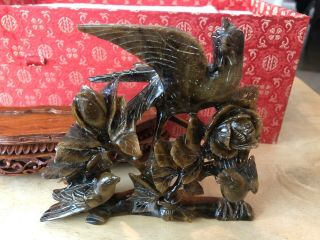 Vintage Chinese Asian Carved Bird Phoenix Pheasant Figurine W/ Wooden Stand