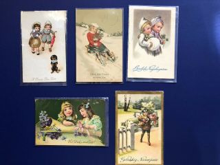 5 Children Year Antique Vintage Postcards.  Early 1900.  Collector Items.