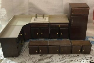Vtg 8 Pc Concord Miniature Doll House Furniture Kitchen Set Bases & Uppers