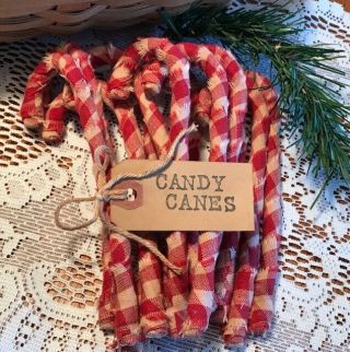 12 Primitive Red Check Homespun Fabric Candy Canes Christmas Ornaments Rustic