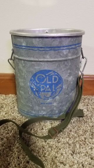Vintage Old Pal Galvanized Wading Minnow Bait Bucket,  Blue.