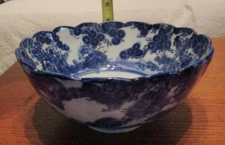 Antique Flow Blue Footed Bowl With Scalloped Edge Ironstone Porcelain