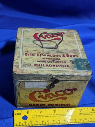 Antique Cinco Handy Humidor Cigar Tobacco Metal Tin Lunchbox Rustic Decor