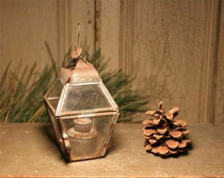 Antique Christmas Tree Lantern Light - Tin And Glass / Skaters