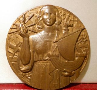 1950 Rare Turin Pierre French Art Deco Bronze Medal Paris City Notre Dame