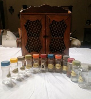 Vintage Antique Wooden Spice Rack With Glass Apothecary Bottles Made In Japan