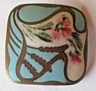 Antique French Art Nouveau Button Enamel Flowers In Fancy Brass 3/4 "