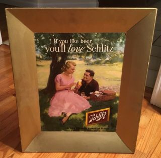 Rare 1954 Schlitz Beer Sign Self Framed Lady Picnic Scene Beer Can Advertising