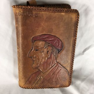 Hand Tooled Leather Book Cover Man Beret Portrait Vintage Antique Embossed
