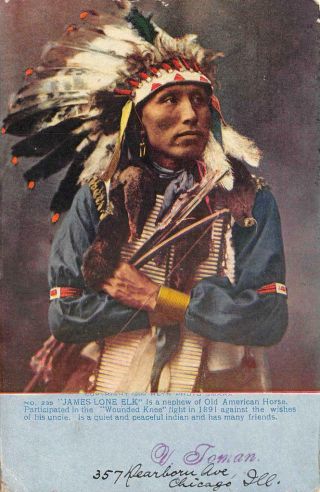 James Lone Elk Wounded Knee Native American Indian 1899 Vintage Postcard Antique