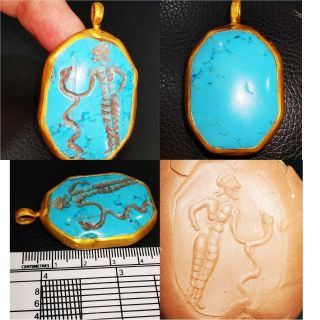 Gold Plated Pendant With Old Intaglio Snake Catcher Turquoise Stone 63