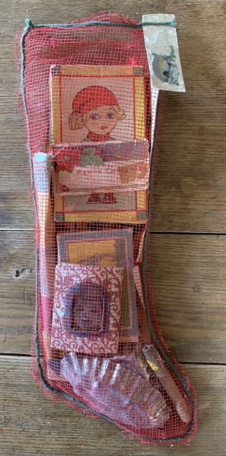 Antique/vintage Mesh Christmas Stocking Filled With Antique Toys Rare Nr