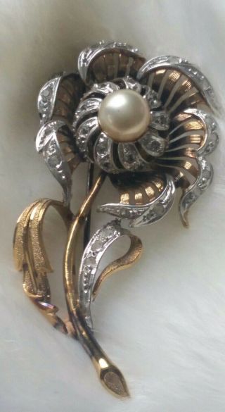 Rare Alice Caviness,  Silver,  Gold Washed,  Crystal,  Pearl,  Flower Brooch /pin,  2.  5 In