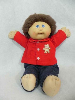 Vtg 83 Cabbage Patch Kids Boy Doll Teddy Bear Jeans Brown Yarn Hair Blue Dimples