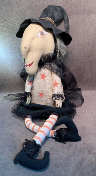Primitive Folk Art Halloween Witch Shelf Sitter Cloth Doll Gray Hair