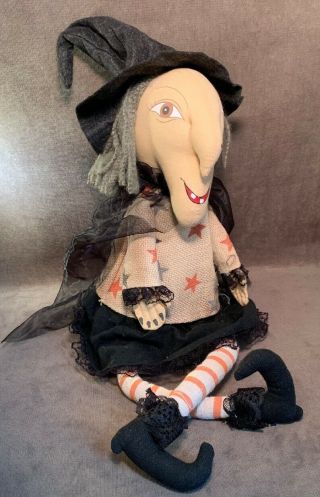 Primitive Folk Art Halloween Witch Shelf Sitter Cloth Doll Gray Hair 2