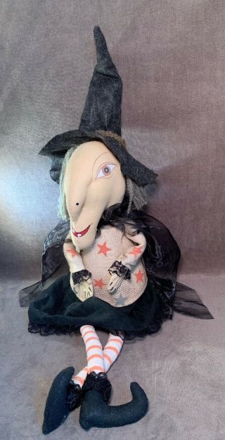 Primitive Folk Art Halloween Witch Shelf Sitter Cloth Doll Gray Hair 3