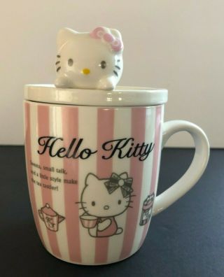 Authentic Hello Kitty Pink/white Stripe Ceramic Mug With Matching Lid Euc Rare
