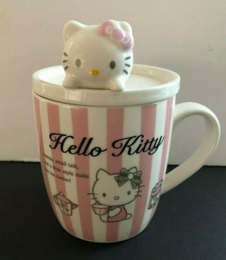 Authentic Hello Kitty Pink/White Stripe Ceramic Mug With Matching Lid EUC Rare 2