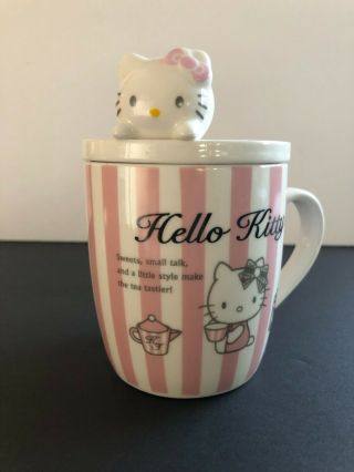 Authentic Hello Kitty Pink/White Stripe Ceramic Mug With Matching Lid EUC Rare 3