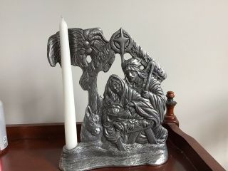 Vintage 1993 Carson Pewter Large 10 " Candlestick Holder With Nativity Scene Rare