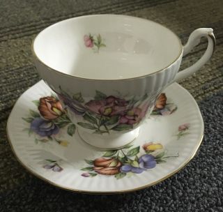 Vintage Royal Dover Bone China Tea Cup & Saucer - 3 Flowers Made In England