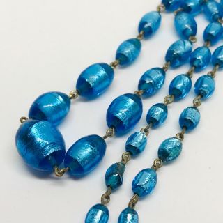 Antique Art Deco Blue Foil Glass Bead Necklace