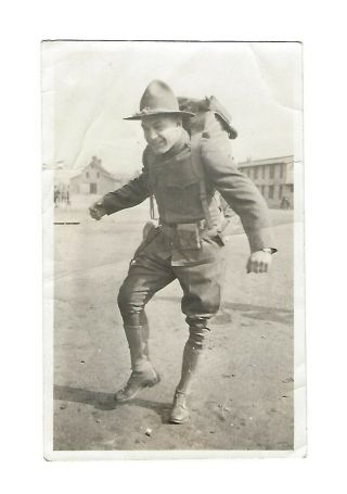 Vintage Antique Wwi War Photo U.  S.  Army Soldier Doughboy & Pack Sidearm Gun Belt