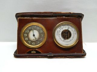 Antique Mappin Car Dashboard Travel Clock & Barometer In Leather Case