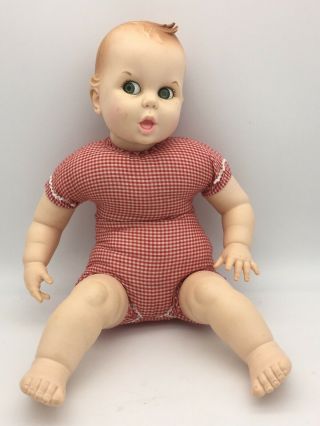 Vintage Gerber Baby Doll W Moving Eyes 1970 Red Gingham Cloth Body Molded Head