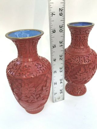 Pair (2) Vintage Chinese Carved Red Cinnabar Turquoise Enamel Floral Vases 6.  25 "