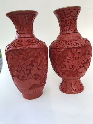Pair (2) Vintage Chinese Carved Red Cinnabar Turquoise Enamel Floral Vases 6.  25 