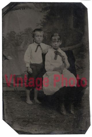 Unusual Antique Tintype Of Barefoot Little Boy & Young Girl Holding A Spoon