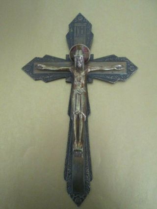 12 " Antique Solid Bronze Art Deco Altar Wall Hanging Crucifix Cross Belgium