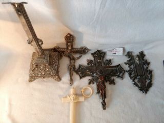 2 Broken Crucifix Antique - Vintage Silver Metal & 1 Resin Cupid Decoration