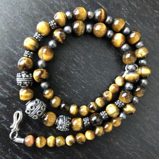 Fine Old Chinese Tibetan Carved Tigers Eye Stone & Silver Bead Necklace