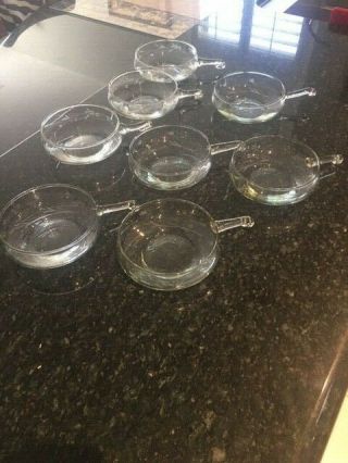 8 Rare Vintage Clear Etched Glass Onion Soup Bowls W/handle