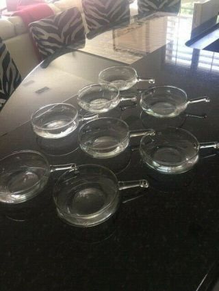 8 RARE VINTAGE CLEAR ETCHED GLASS ONION SOUP BOWLS W/HANDLE 2