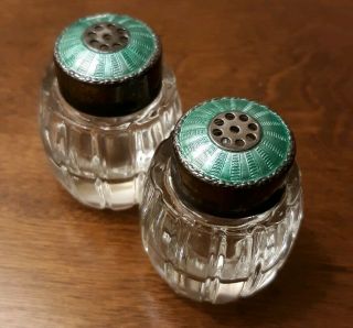 Antique Deco Meka Denmark Sterling Silver And Green Enamel Salt Pepper Shakers